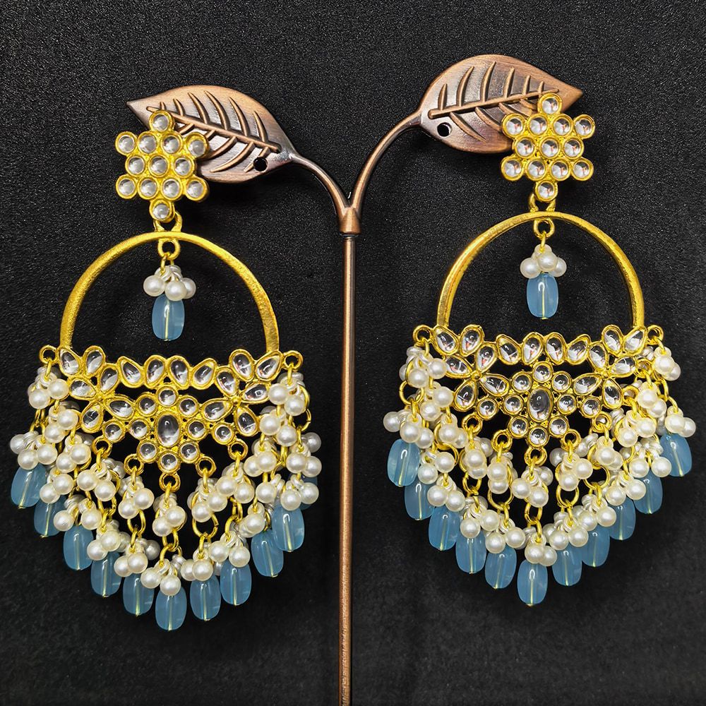 Gold plated stud earrings with light blue beads and white pearls for women.