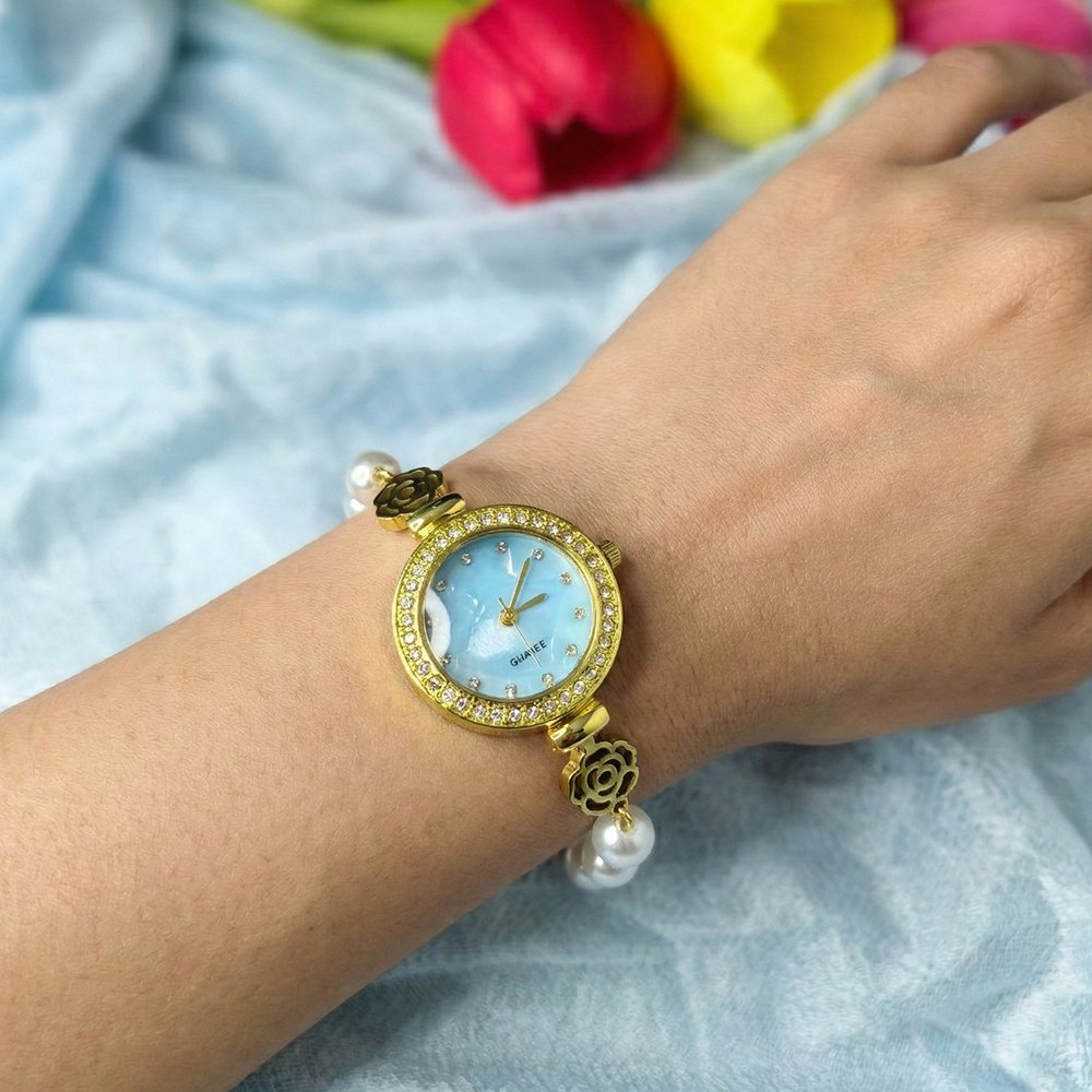 Women’s gold-tone quartz bracelet flower design with pearl – মহিলাদের জন্য রাজকীয় ব্রেসলেট ঘড়ি ও ফ্লোরাল ওয়াচ কালেকশন