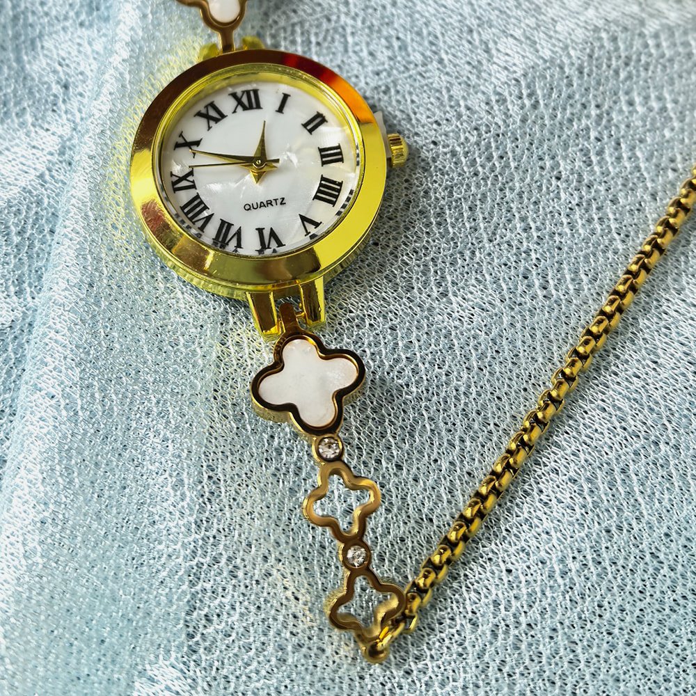 Women's gold toned quartz bracelet watch floral with white pearl – মহিলাদের জন্য রাজকীয় ব্রেসলেট ঘড়ি ও ফ্লোরাল ওয়াচ কালেকশন - Image 3