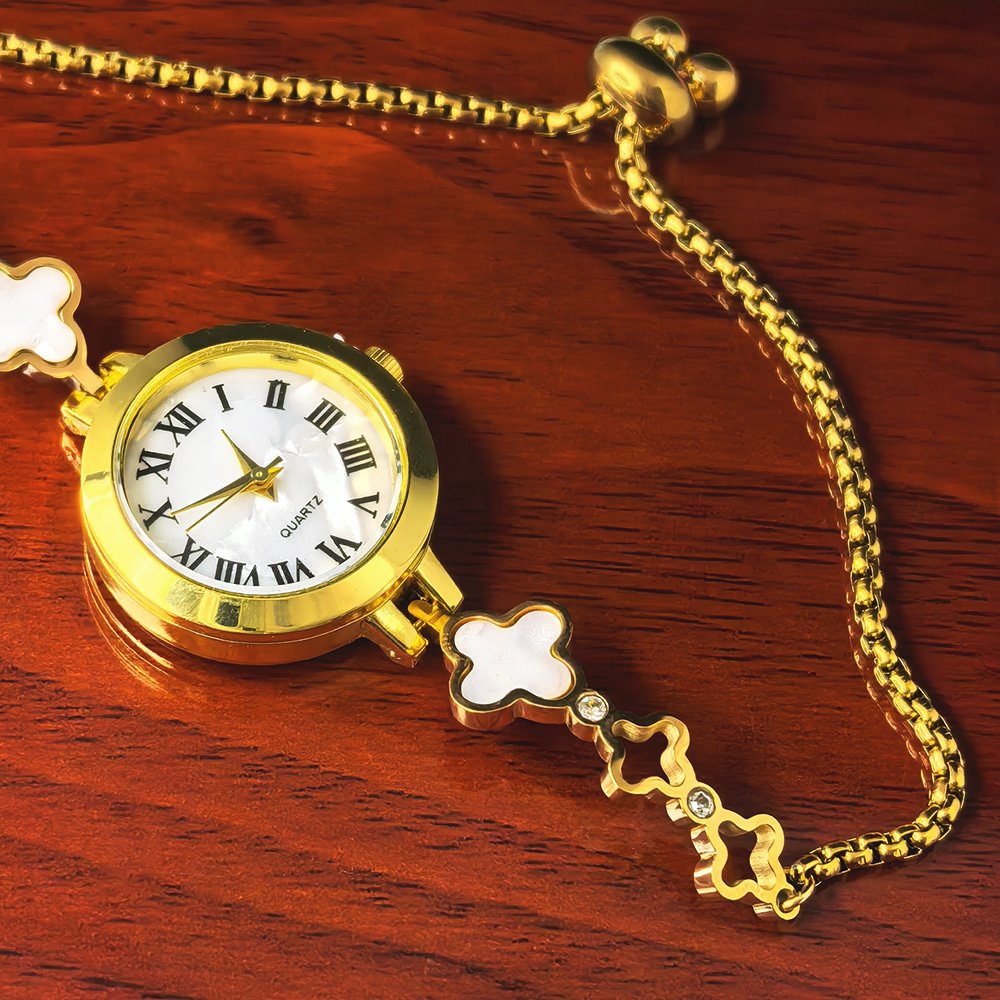 Women's gold toned quartz bracelet watch floral with white pearl – মহিলাদের জন্য রাজকীয় ব্রেসলেট ঘড়ি ও ফ্লোরাল ওয়াচ কালেকশন - Image 2