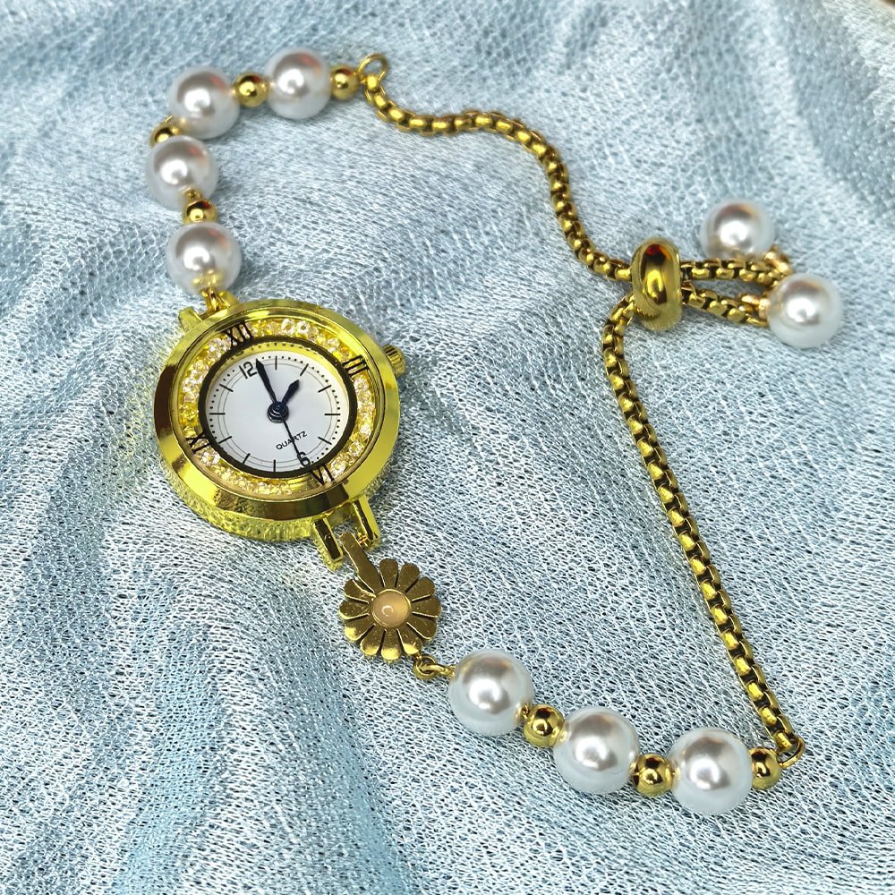 Women's gold toned quartz bracelet floral design with pearl – মহিলাদের জন্য রাজকীয় ব্রেসলেট ঘড়ি ও ফ্লোরাল ওয়াচ কালেকশন - Image 3