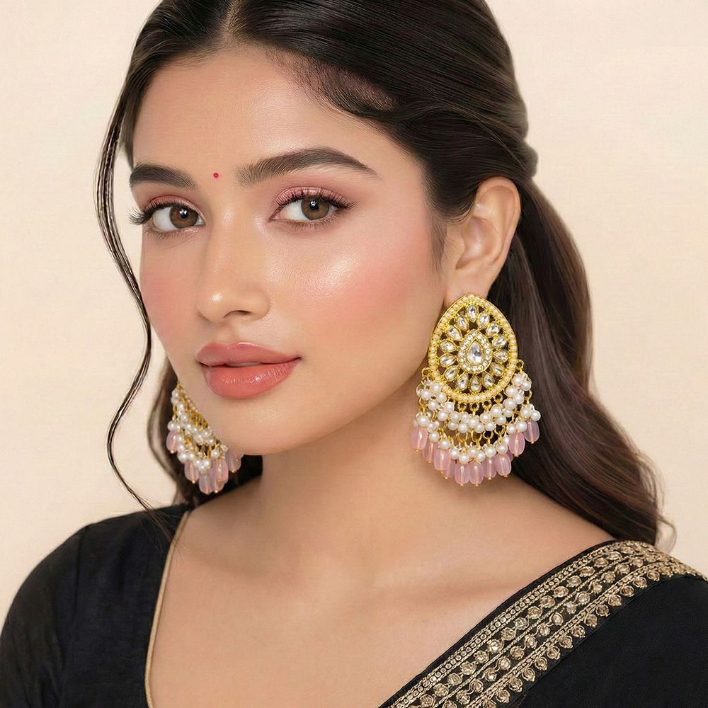 Gold plated traditional jhumka earrings – মহিলাদের জন্য রাজকীয় ওভাল শেপ কুন্দন ও পার্ল ঝুমকা - Image 8