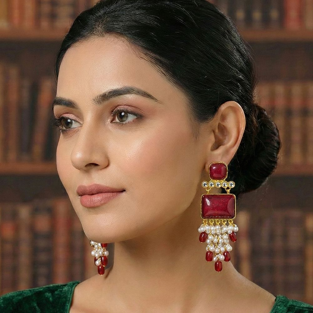 Pearl drop earrings for women with stones – মহিলাদের ফ্যাশনেবল স্টোন ও পার্ল ড্যাংলিং ইয়াররিং - Image 20