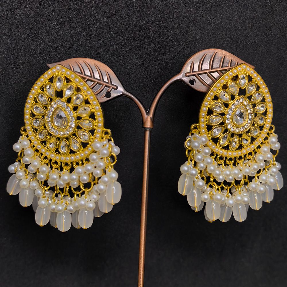 Gold plated traditional jhumka earrings – মহিলাদের জন্য রাজকীয় ওভাল শেপ কুন্দন ও পার্ল ঝুমকা - Image 16