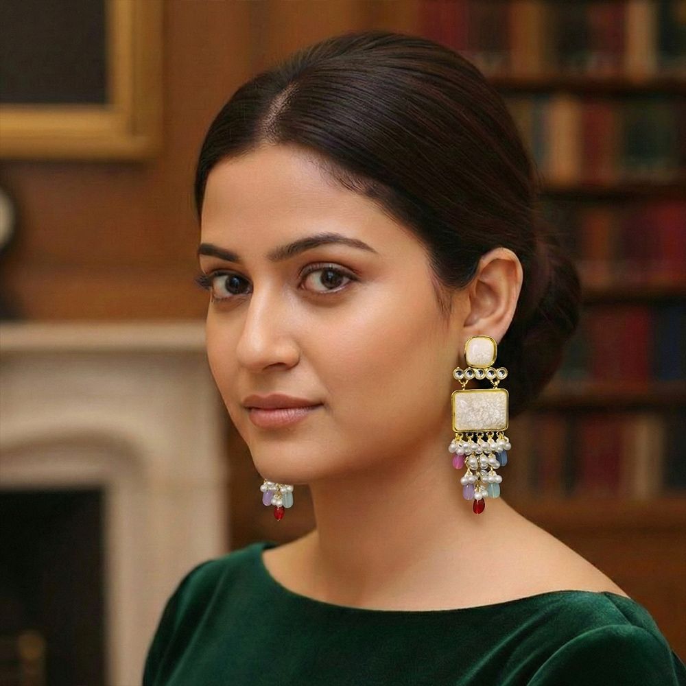 Pearl drop earrings for women with stones – মহিলাদের ফ্যাশনেবল স্টোন ও পার্ল ড্যাংলিং ইয়াররিং - Image 5