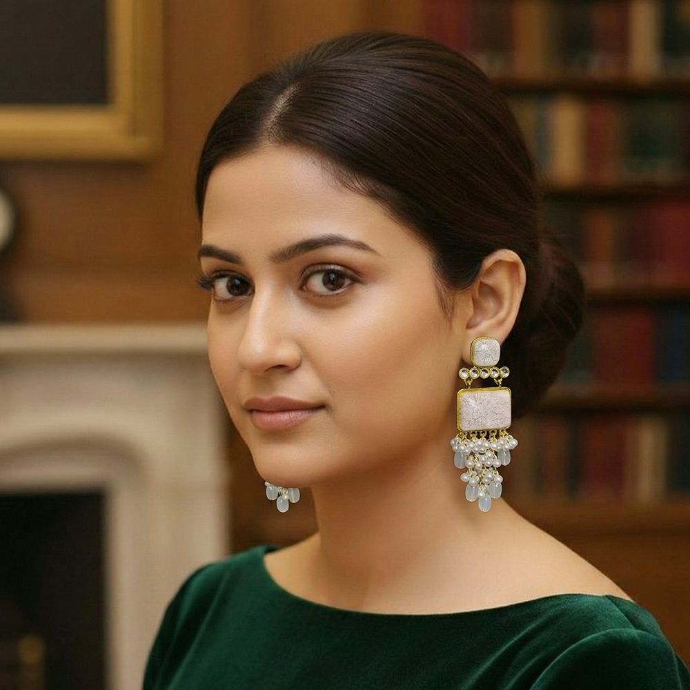 Pearl drop earrings for women with stones – মহিলাদের ফ্যাশনেবল স্টোন ও পার্ল ড্যাংলিং ইয়াররিং - Image 18