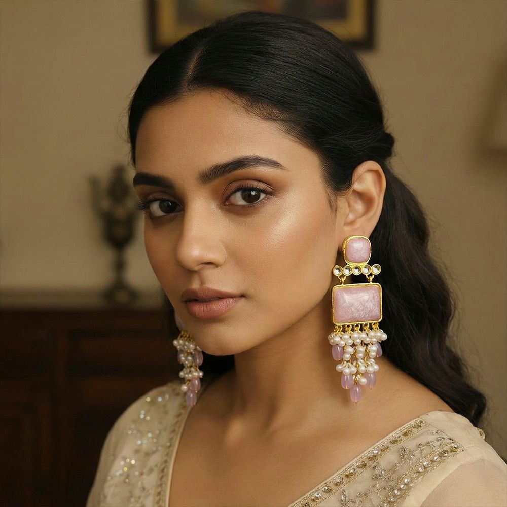 Pearl drop earrings for women with stones – মহিলাদের ফ্যাশনেবল স্টোন ও পার্ল ড্যাংলিং ইয়াররিং - Image 11