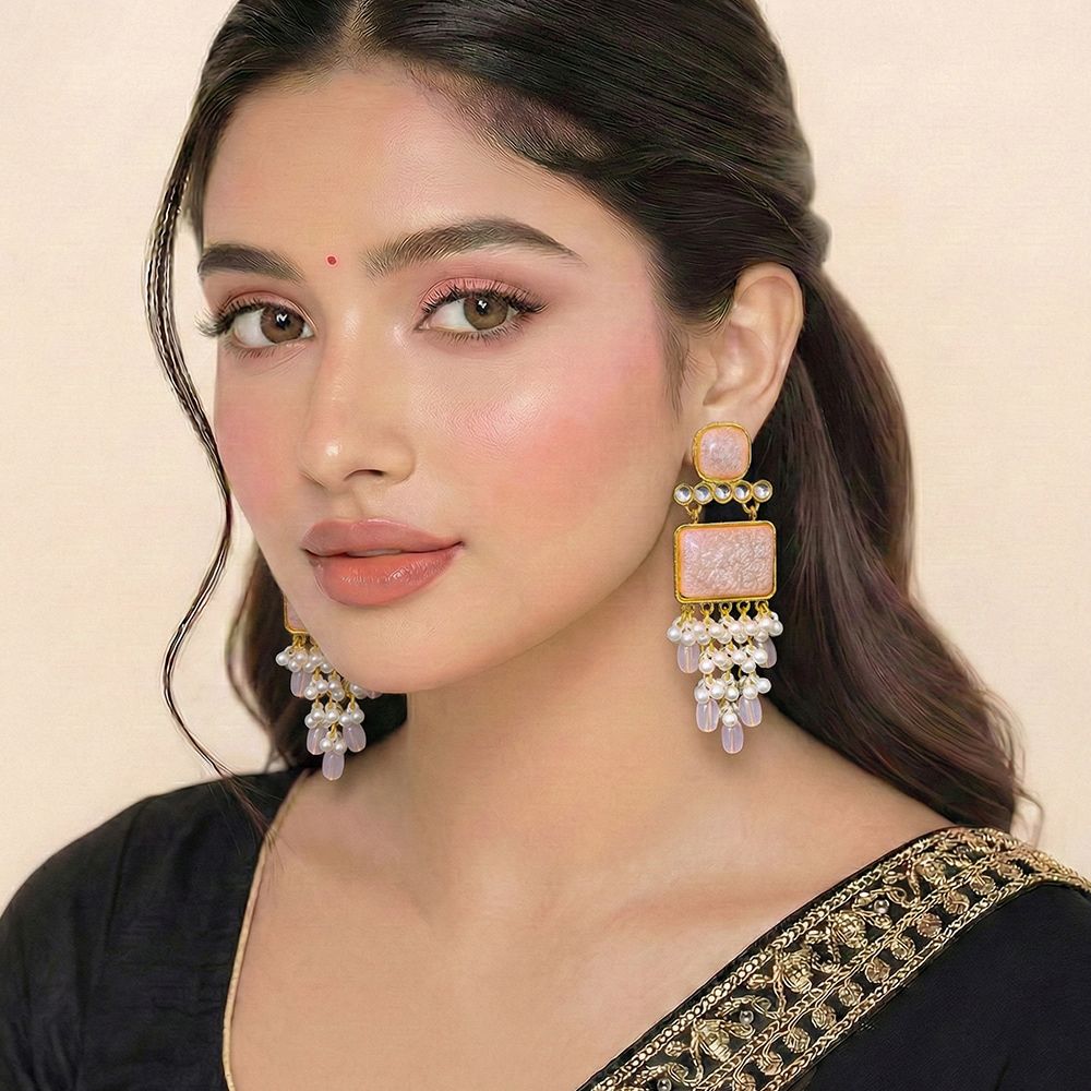 Pearl drop earrings for women with stones – মহিলাদের ফ্যাশনেবল স্টোন ও পার্ল ড্যাংলিং ইয়াররিং - Image 16