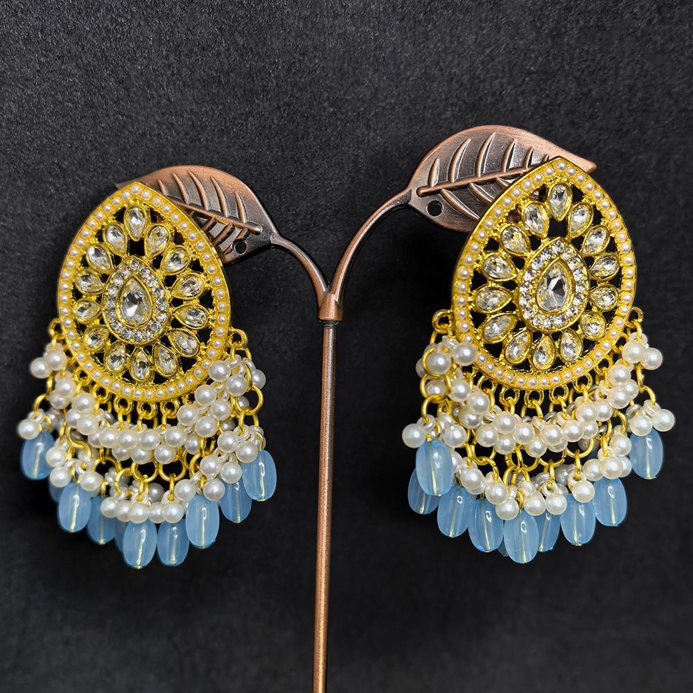 Sky blue color oval shape earrings for women with a polished gold finish.