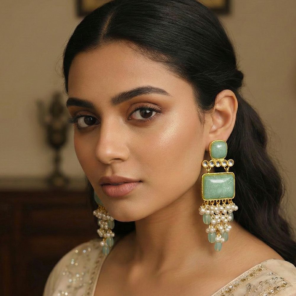 Pearl drop earrings for women with stones – মহিলাদের ফ্যাশনেবল স্টোন ও পার্ল ড্যাংলিং ইয়াররিং - Image 2