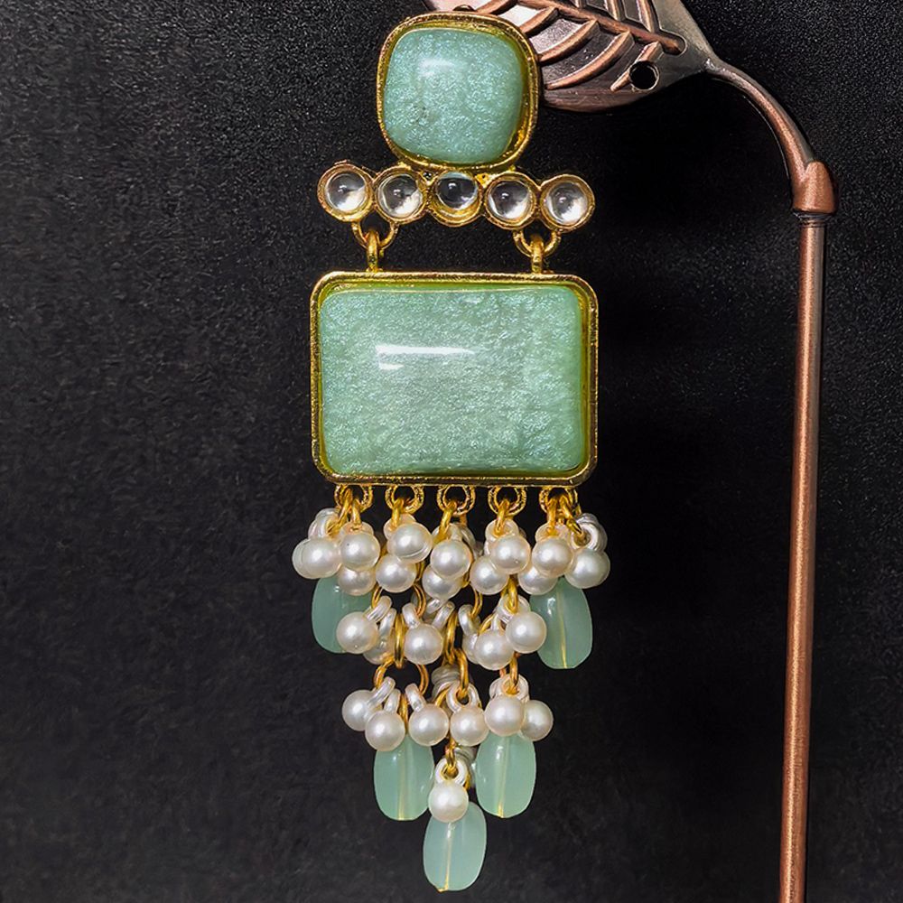 Pearl drop earrings for women with stones – মহিলাদের ফ্যাশনেবল স্টোন ও পার্ল ড্যাংলিং ইয়াররিং - Image 4