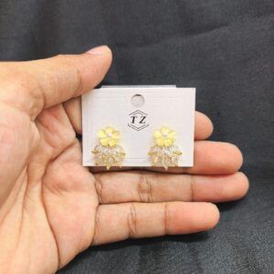Flower Drop Earrings with Yellow Gold Metal and Clear Rhinestones