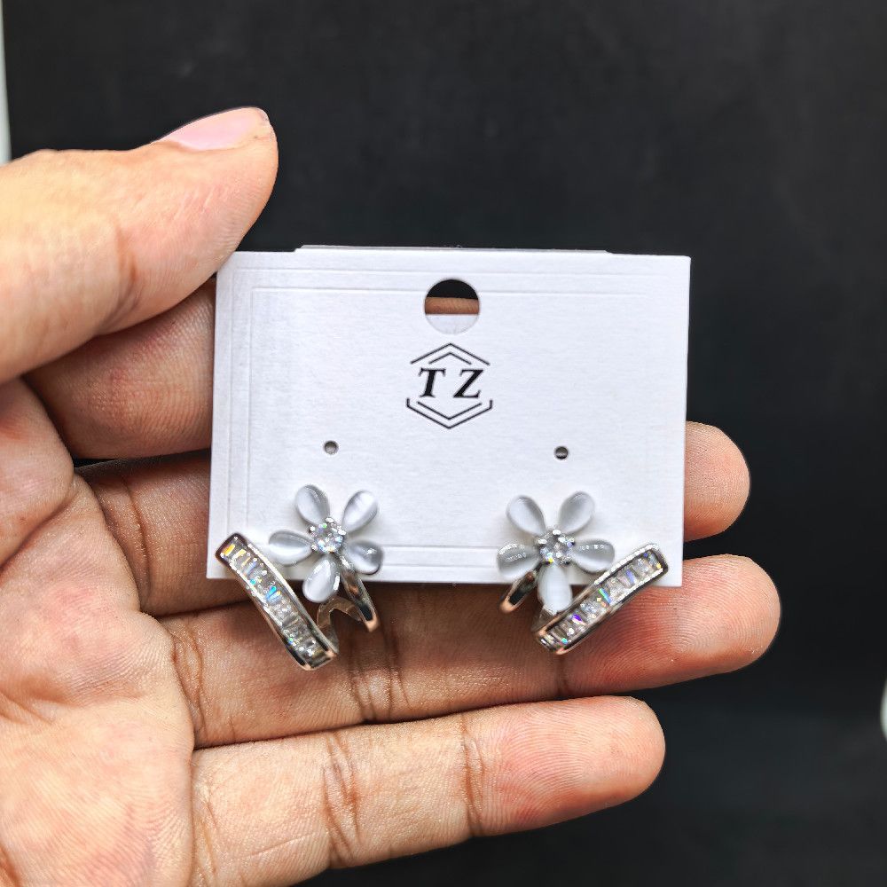 Silver Flower Earrings with White and Clear Rhinestone Details