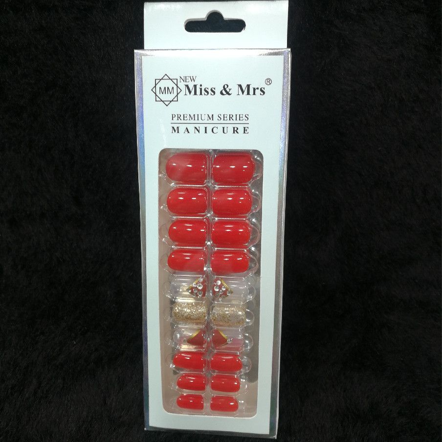 Miss & Mrs Premium Series False Nails Set – Red, Gold & Clear Plastic