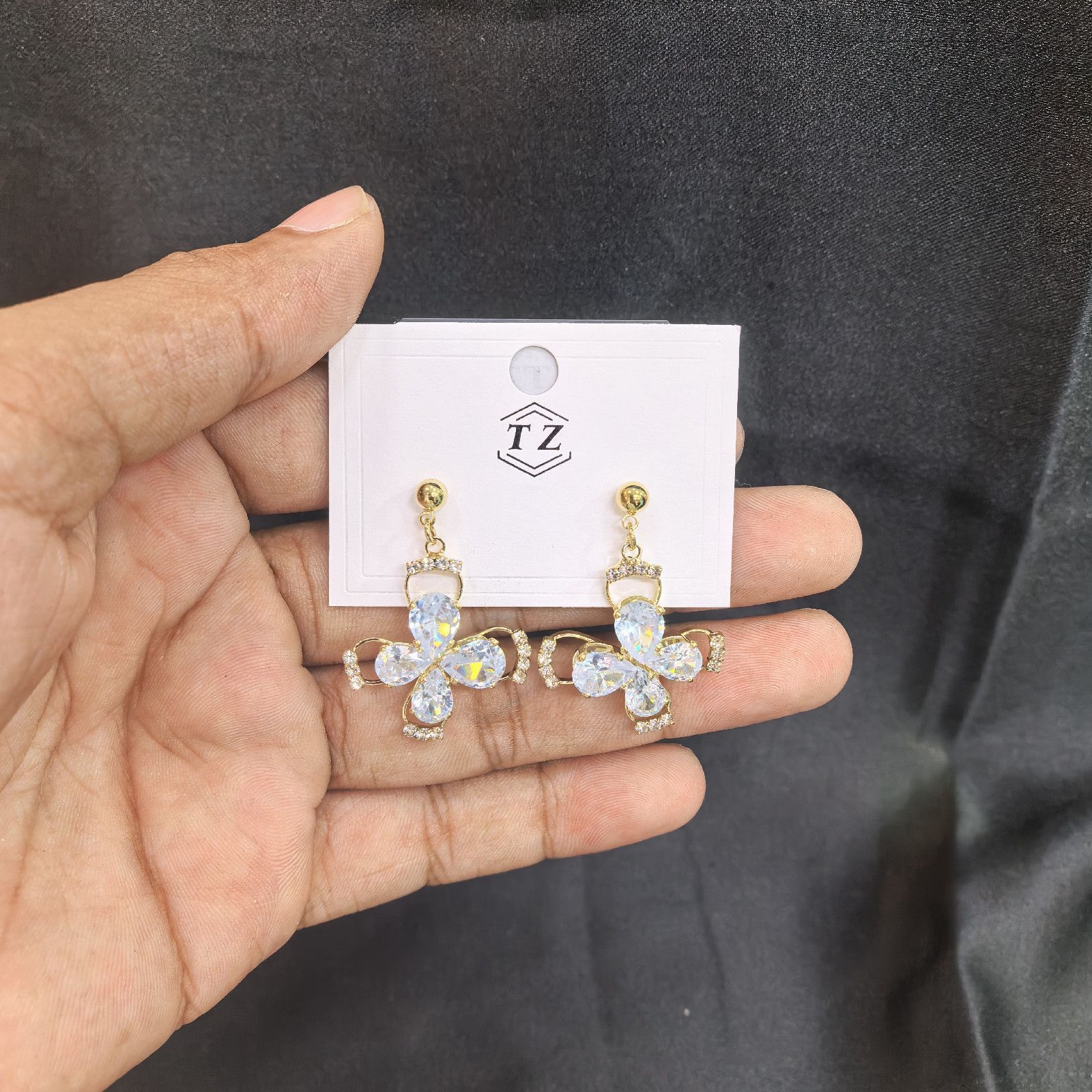 Gold Floral Drop Earrings with White & Clear Rhinestone Crystals – TZ