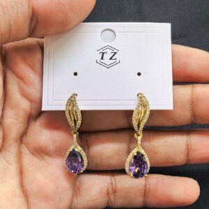 Gold & Purple Paved Drop Earrings – Elegant Gemstone Detail