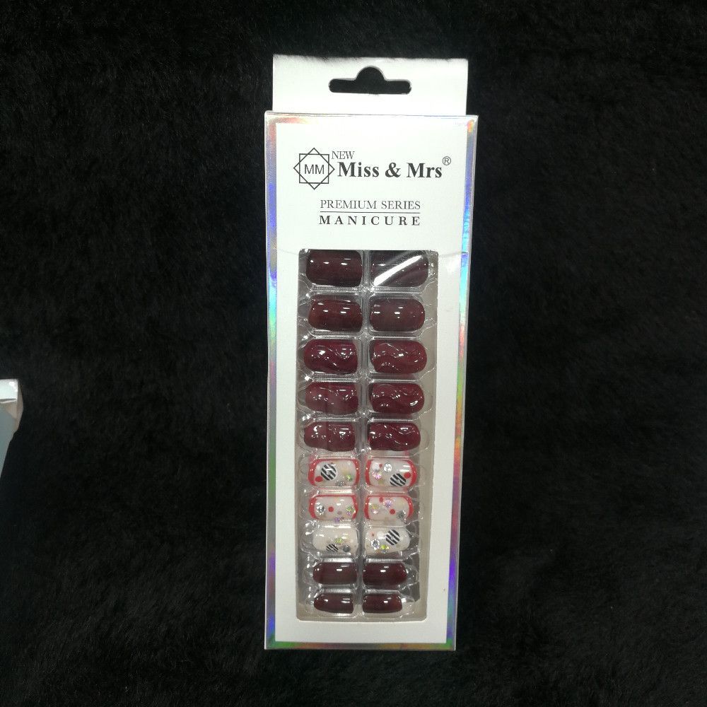 Miss & Mrs Premium Fake Nails – Maroon, White, Pink, Black Solid