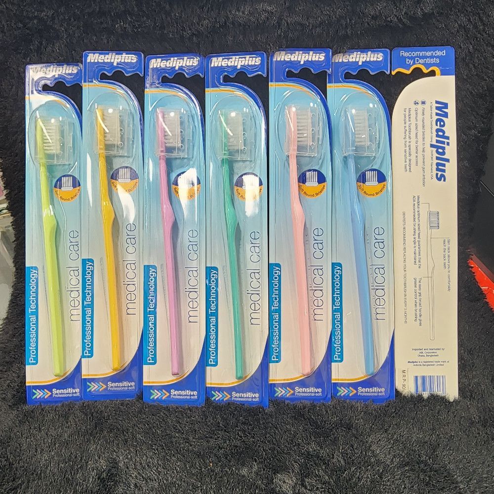 Mediplus Sensitive Plastic Toothbrush Green Yellow Pink Blue single brush