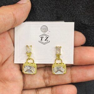 Gold & Clear Glass Dangle Earrings – Plain Metal Design for Women
