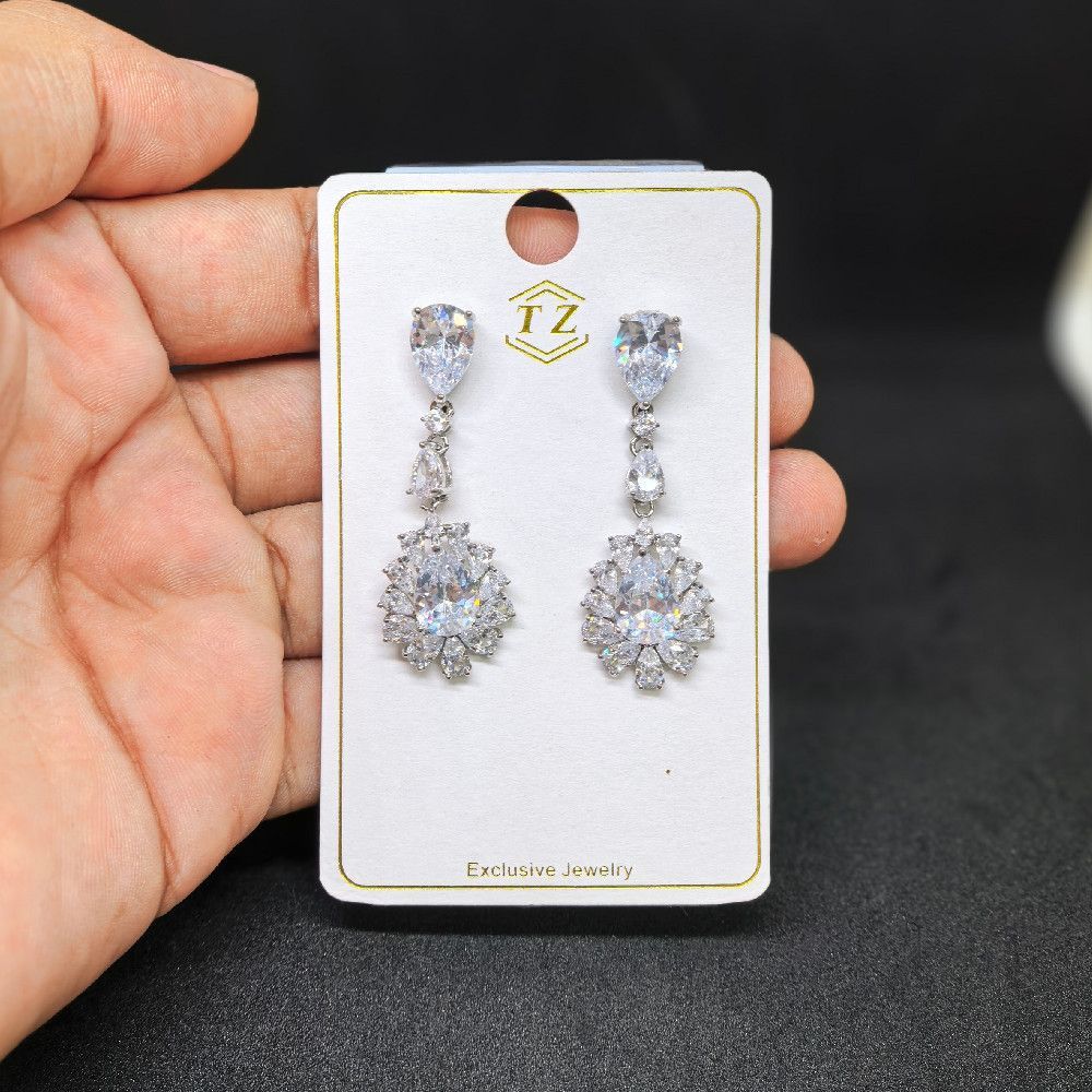 Silver Dangling Crystal Earrings – Teardrop Floral Cluster, Clear Gems