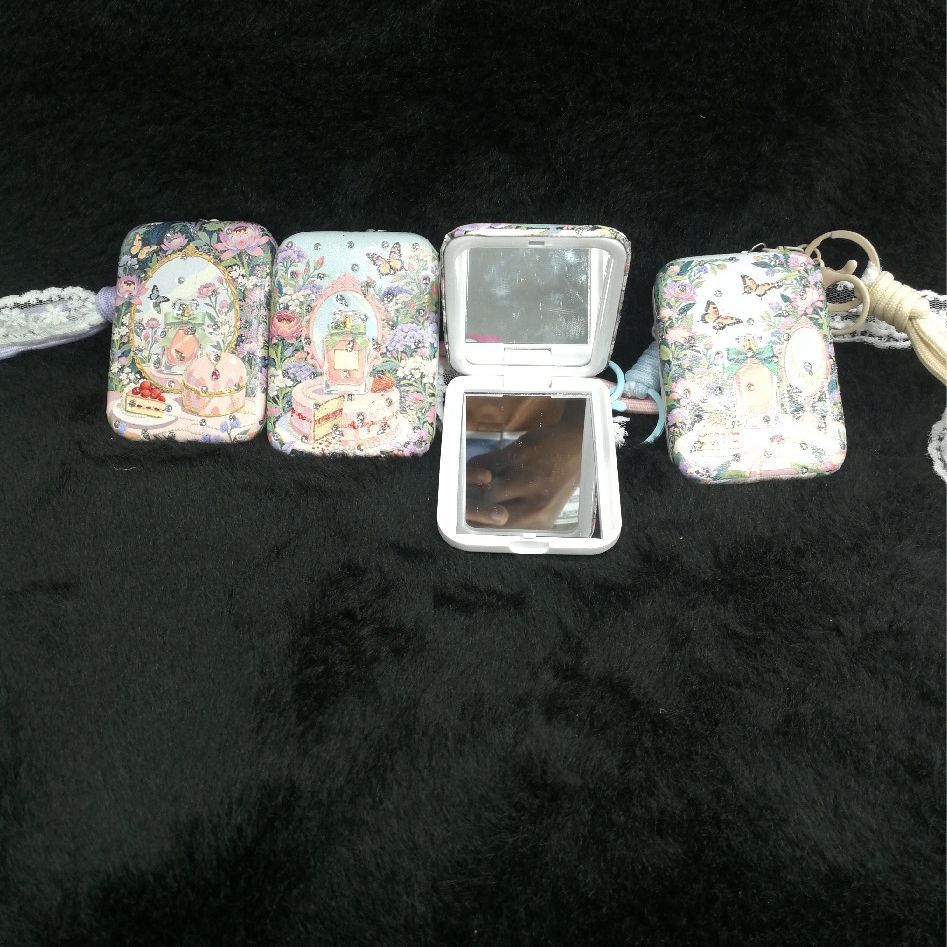 Floral Plastic Compact Mirror with White, Pink, Purple & Green Details