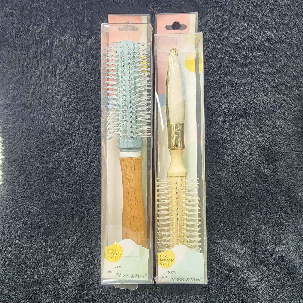 Round Hair Brush with Beige Wood Handle, White Bristles, Gold Accents