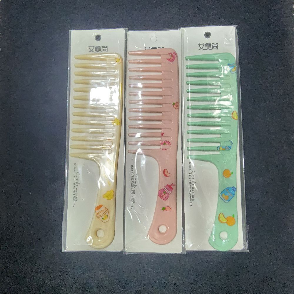 Wide Tooth Plastic Hair Comb with Fruit Prints in Beige Pink Green