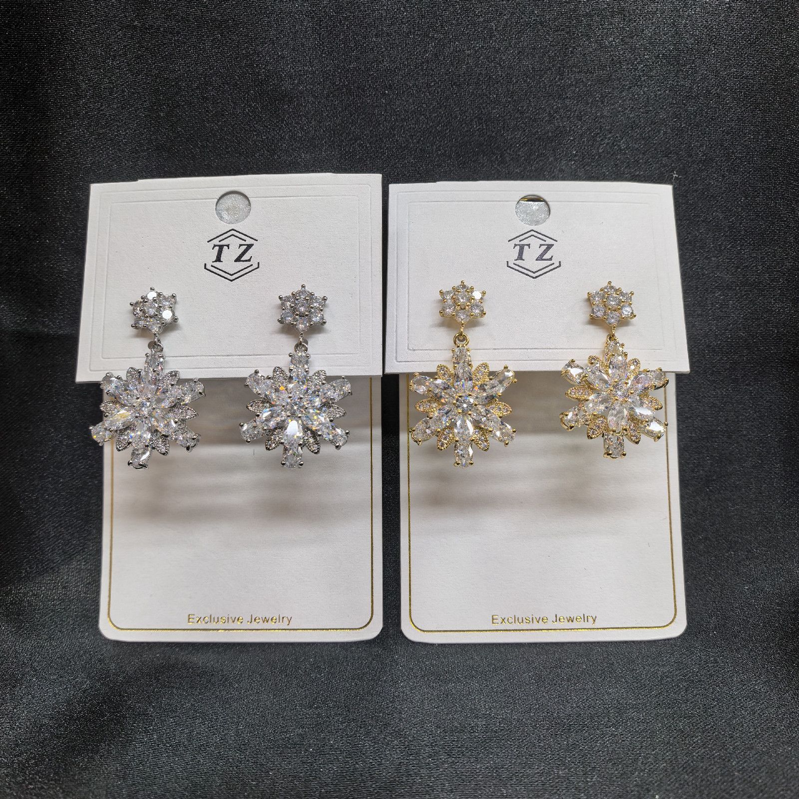 Dangle Crystal Earrings with Flower Cluster Design in Clear Silver Gold