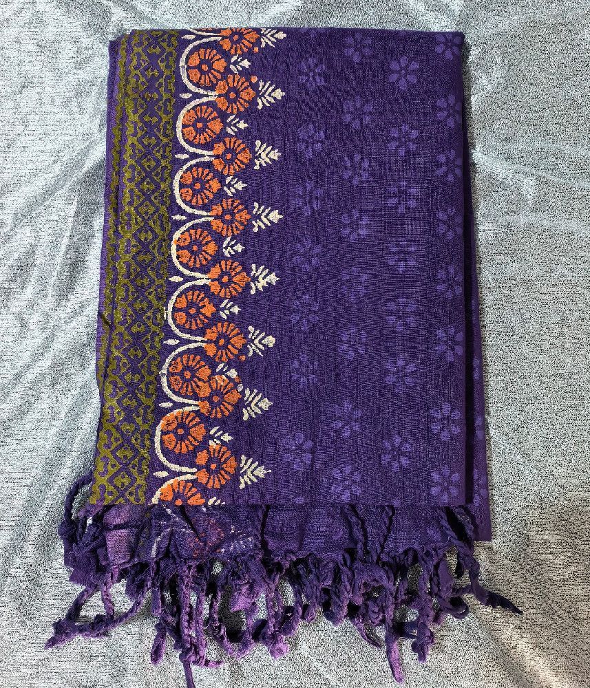 Cotton Scarf with Floral Border – Purple, Orange, Green, Cream