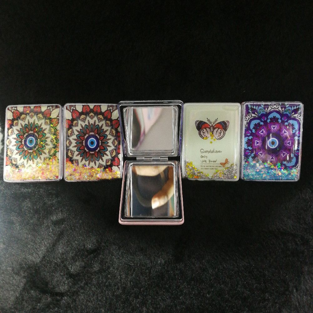 Silver and Pink Metal Compact Mirror with Mandala and Butterfly Design