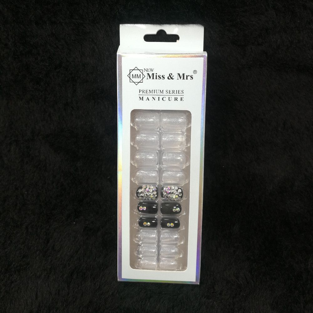 Miss & Mrs Premium Series Press On Nails Set – Black Clear Silver Rhinestone – Reusable 12 pcs