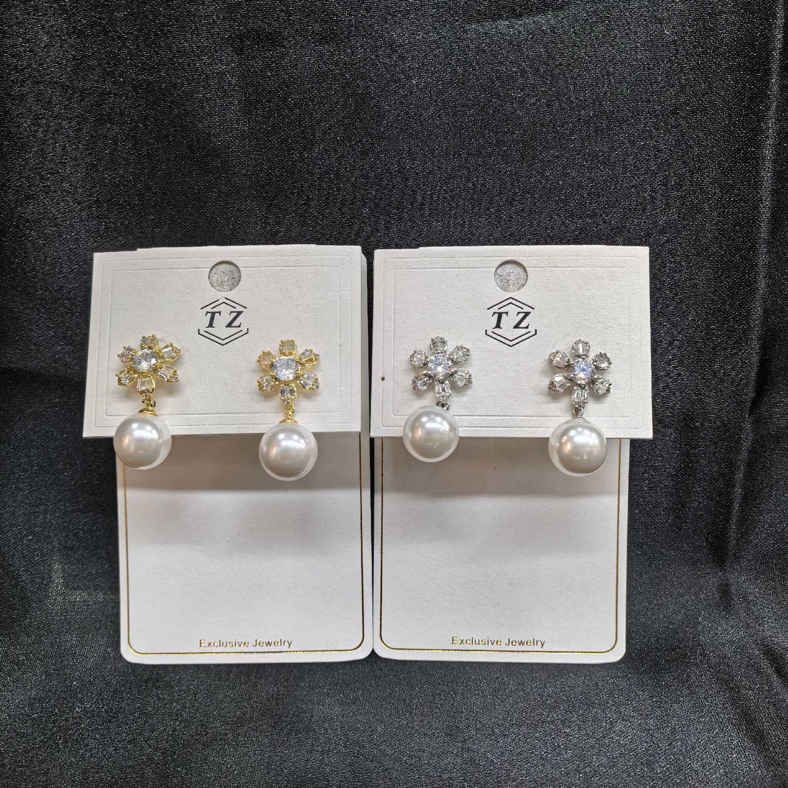 Pearl Drop Earrings – White Gold Silver Metal & Rhinestone Flowers