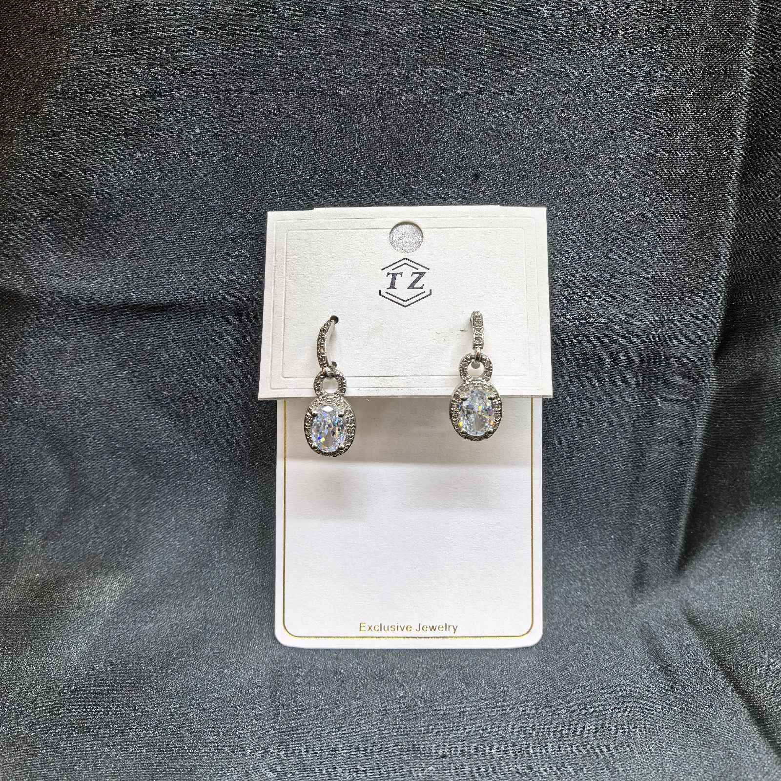 Silver Drop Earrings with Clear Gemstone Pavé Halo Design Elegant