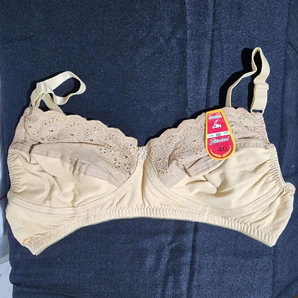 Beige Cream Cotton Blend Women’s Bra with Eyelet Lace Trim Size 40-80