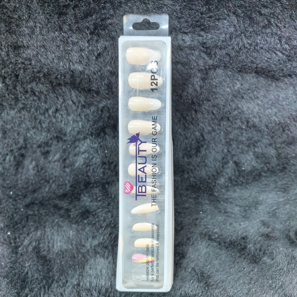 12PC Plastic False Nails Set – Beige, Pink & White Press-On Nails