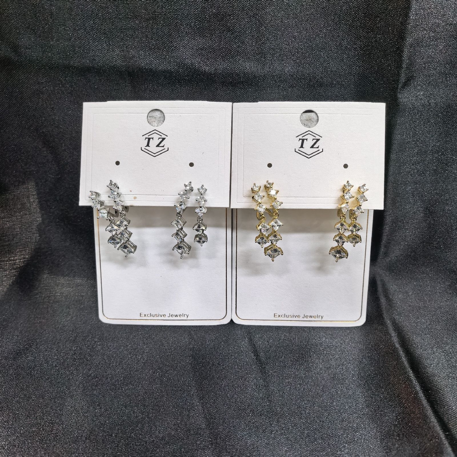 Silver and Gold Dangle Earrings with Clear Clustered Stones – Metal