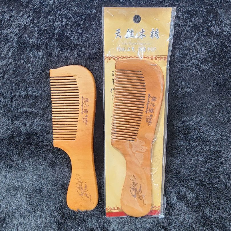 Handcrafted Wooden Comb with Floral Design in Brown and Beige