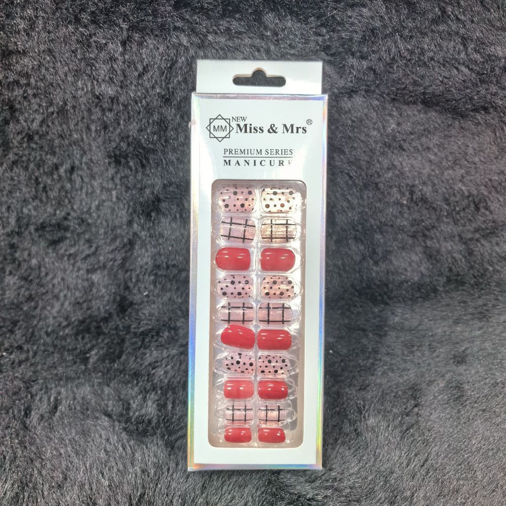Press On Nails Set – Red, Pink, Black, Beige Polka Dot & Plaid Plastic
