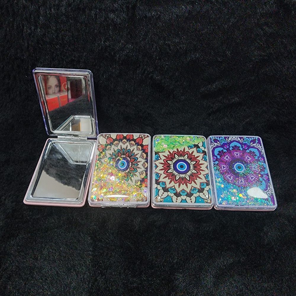 Compact Multi Color Mirror Metal Frame and Mandala Glitter in Silver, Blue & Pink
