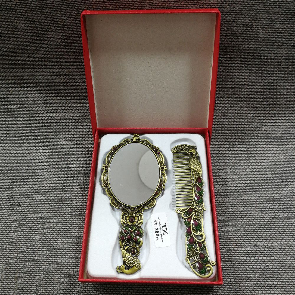 Metal Hand Mirror & Comb Set in Gold, Green, Red with Peacock Motif
