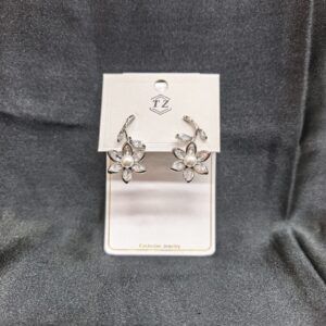 Silver Flower Earrings with Faux Pearl and Rhinestone Details