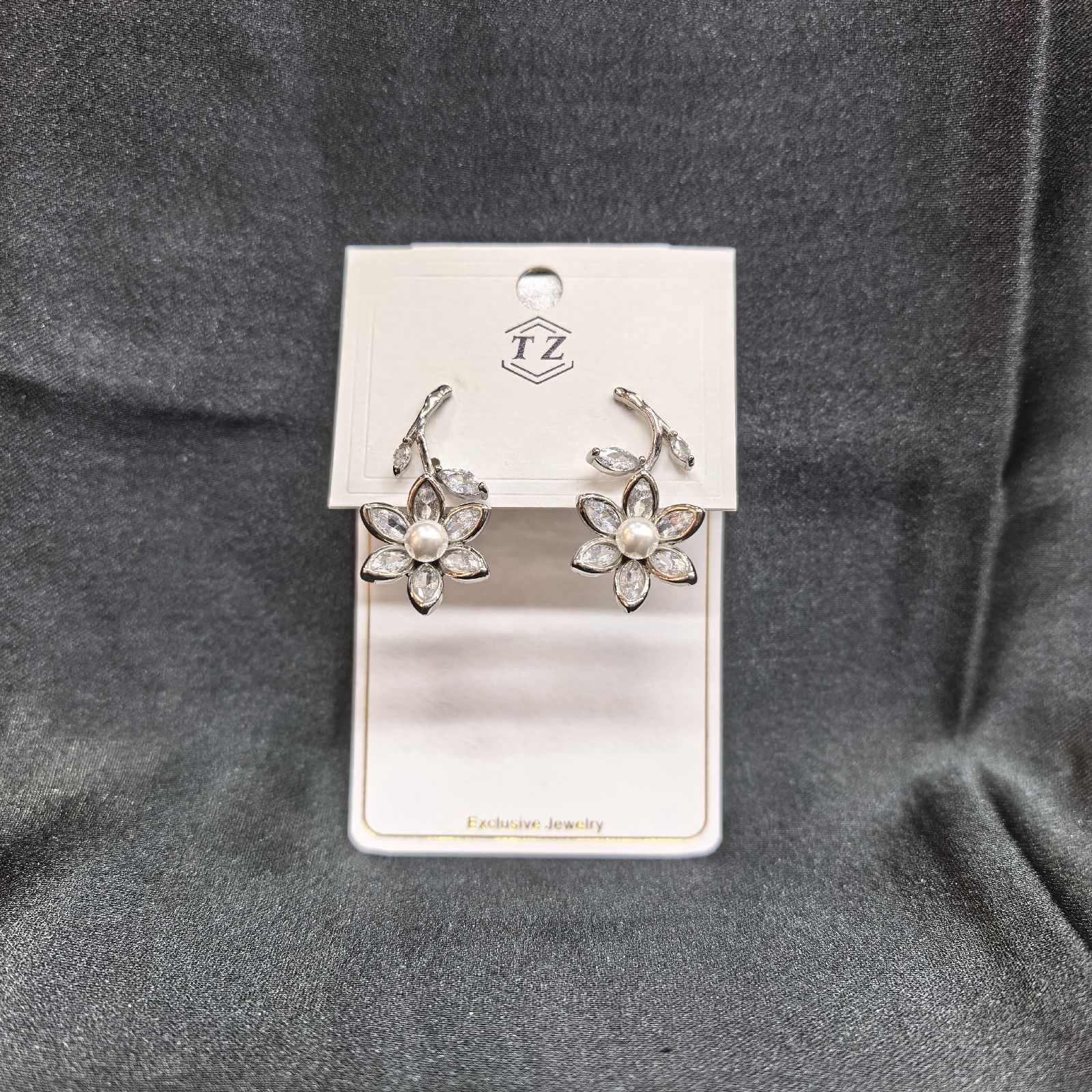 Silver Flower Earrings with Faux Pearl and Rhinestone Details