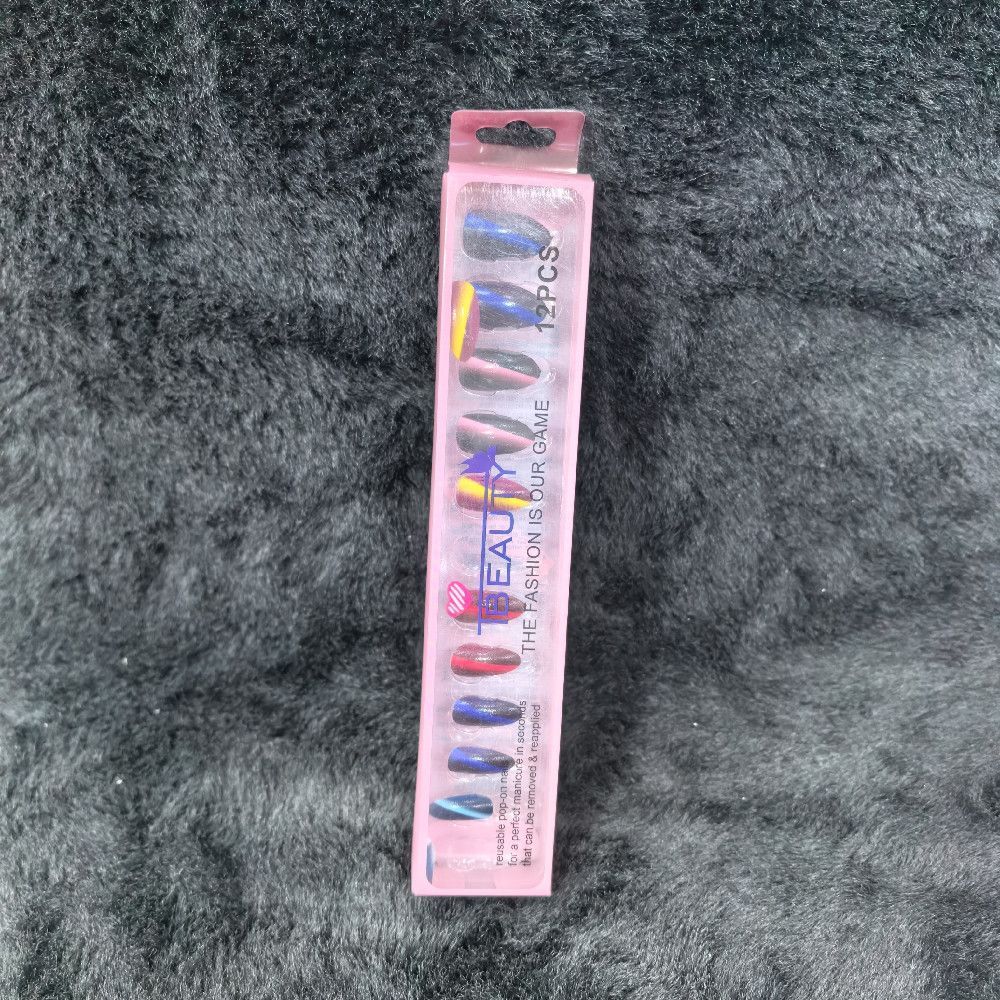 12‑Piece Marbled Ombre Press On Nails Set – Blue Yellow Pink Black