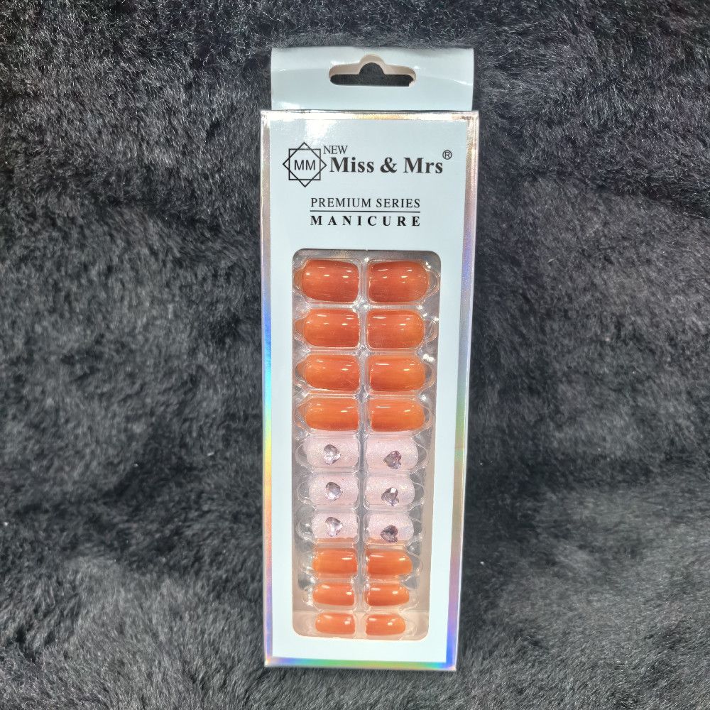 Miss & Mrs Press On Nails – Orange Pink Plastic with Rhinestones