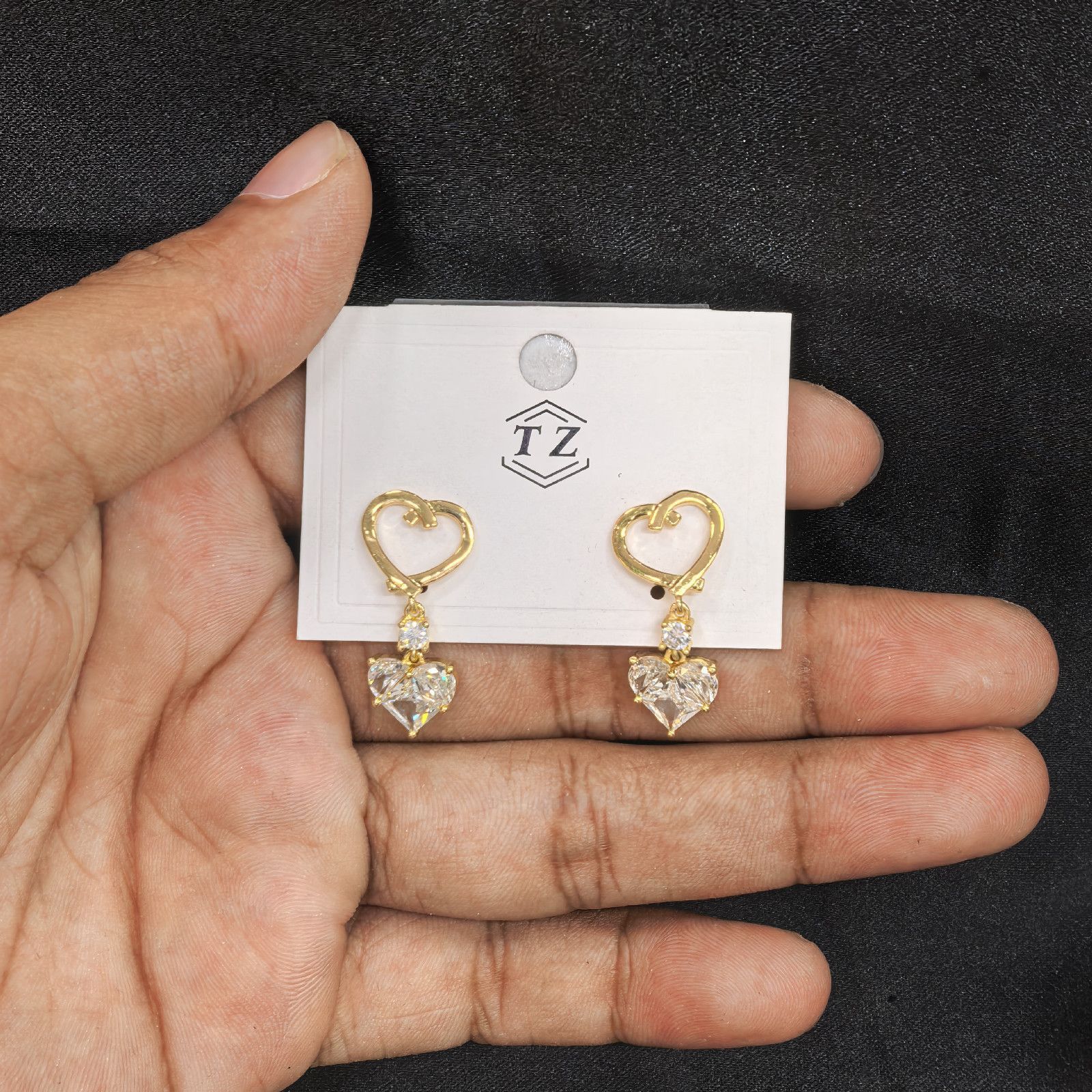 Gold Heart Drop Earrings with Clear Crystal – Elegant Women’s Jewelry