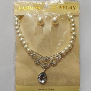 Pearl Necklace Set with Teardrop Pendant, White Gold & Clear Stones