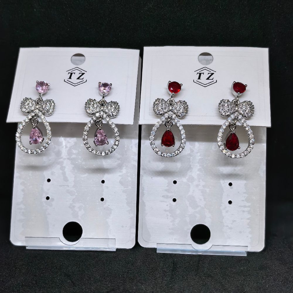 Silver Pink Red Drop Bow Earrings with Paved Rhinestone Detail