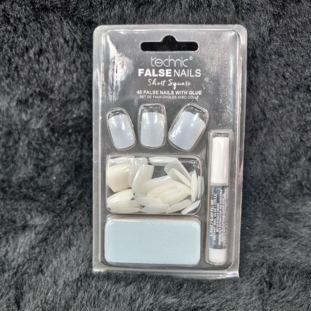 False Nails Kit – 48 Square Press-On Nails with Glue, White Plastic