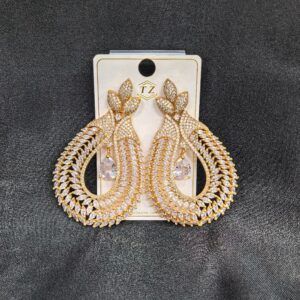 Gold and White Metal Leaf‑Teardrop Drop Earrings with Rhinestones