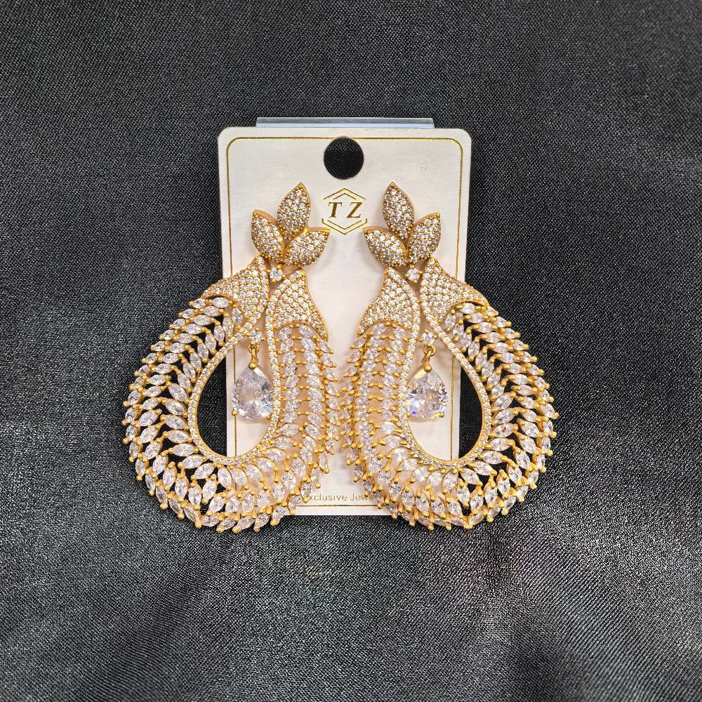 Gold and White Metal Leaf‑Teardrop Drop Earrings with Rhinestones